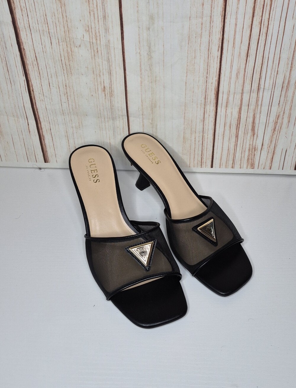 Guess Black Mesh Logo Mule Sandals with Kitten Heel